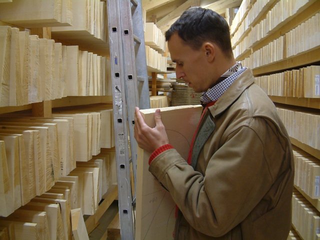 Selecting from the finest tonewood. Woodbuying tour to the Swiss Alps in 2006